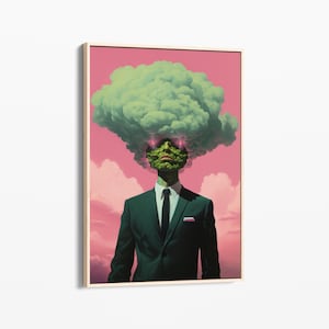 Head In The Clouds (Retro Surreal Art, Surreal Cloud Art, Pink and Green Artwork, Surreal Wall Print, Trippy Wall Art, Stretched Canvas) HI1