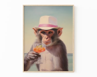 Monkey with Cocktail | Retro Bar Cart Aesthetic Decor | Cute Apartment Wall Art | Surreal Artwork | Funny Animal Print | MCR4