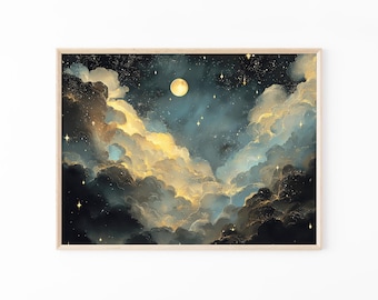 Moon Celestial Oil Painting Print | Dark Academia Decor | Abstract Night Sky Stars Print | Blue Gold Vintage Painting | DGM6