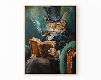 Gentleman Cat Sipping Wine Oil Painting Print | Bar Cart Decor | Cat Poster | Wine Print  | Trendy Kitchen Decor | Dining Room Print | GCS7