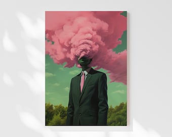 Head In The Clouds (Retro Surreal Art, Surreal Cloud Art, Pink and Green Artwork, Surreal Wall Print, Trippy Wall Art, Stretched Canvas) HI3