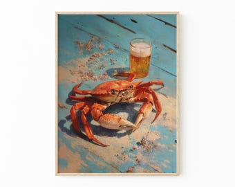 Relaxed Crab Oil Painting Print | Beer Wall Art | Funny Bar Prints | Crab with Beer Artwork | Funny Gifts for Him | CBF1