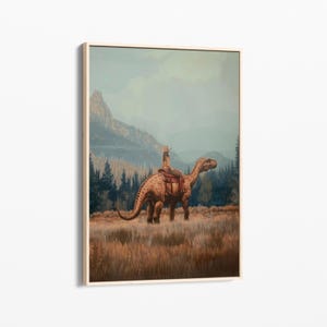 Vintage Dinosaur Cowgirl Oil Painting Canvas Print | Western Jurassic Dinosaur Print | Gift for Him | Funny Print | Midwestern Decor | VDG1