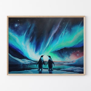Loving Penguins Aurora borealis Oil Painting Artwork, High-Quality Matte Wall Art Print, Winter Home Decor, Gift for Penguin Gifts