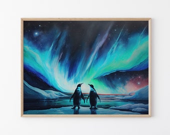 Loving Penguins Aurora borealis Oil Painting Artwork, High-Quality Matte Wall Art Print, Winter Home Decor, Gift for Penguin Gifts