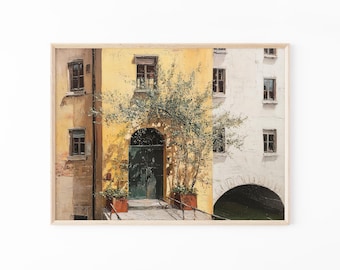 Vintage Italian Town Oil Painting Print | Italy City Art | Italy Wall Art Prints | Italian Home Decor | Green Olive Trees Malta | ITM1