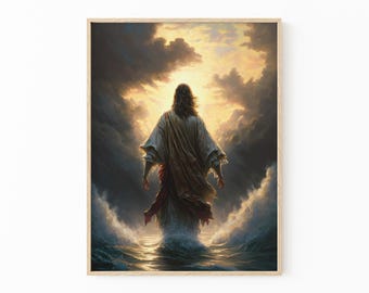 Jesucristo caminando sobre el agua, pintura al óleo original, arte impreso cristiano, arte mural religioso, impresión mate, decoración mural religiosa