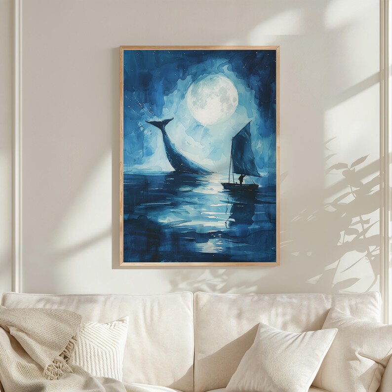 Whale Under the Moon Watercolor Painting | Whale Print | Whale and Boat ...