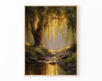 Willow Tree Fairies Oil Painting Print | Cottagecore Decor | Dark Academia Art | Enchanted Nature Wall Art | Rustic Aesthetic | TOP8