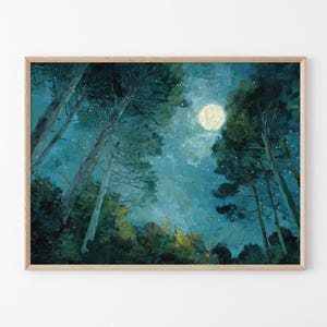 Moon & Stars Oil Painting Print | Vintage Dark Forest | Landscape Nature Decor | Celestial Night Sky Print | Farmhouse Print | MSO2