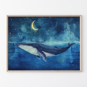 Aquarel walvis onder de maan | Walvisprint | Walvis en boot | Walviskwekerij | Bultrug kunst muurdecoratie cadeau | WUT5