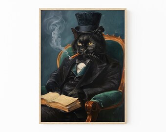 Gentleman Cat Sipping Wine Oil Painting Print | Bar Cart Decor | Cat Poster | Wine Print  | Trendy Kitchen Decor | Dining Room Print | GCS4