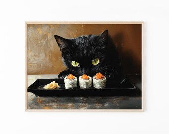 Black Cat Sushi Oil Painting Print | Tokyo Art Print | Oishii Cat Print | Delicious Japanese Food Art | Kitchen Wall Art | Sushi Art | BCS6