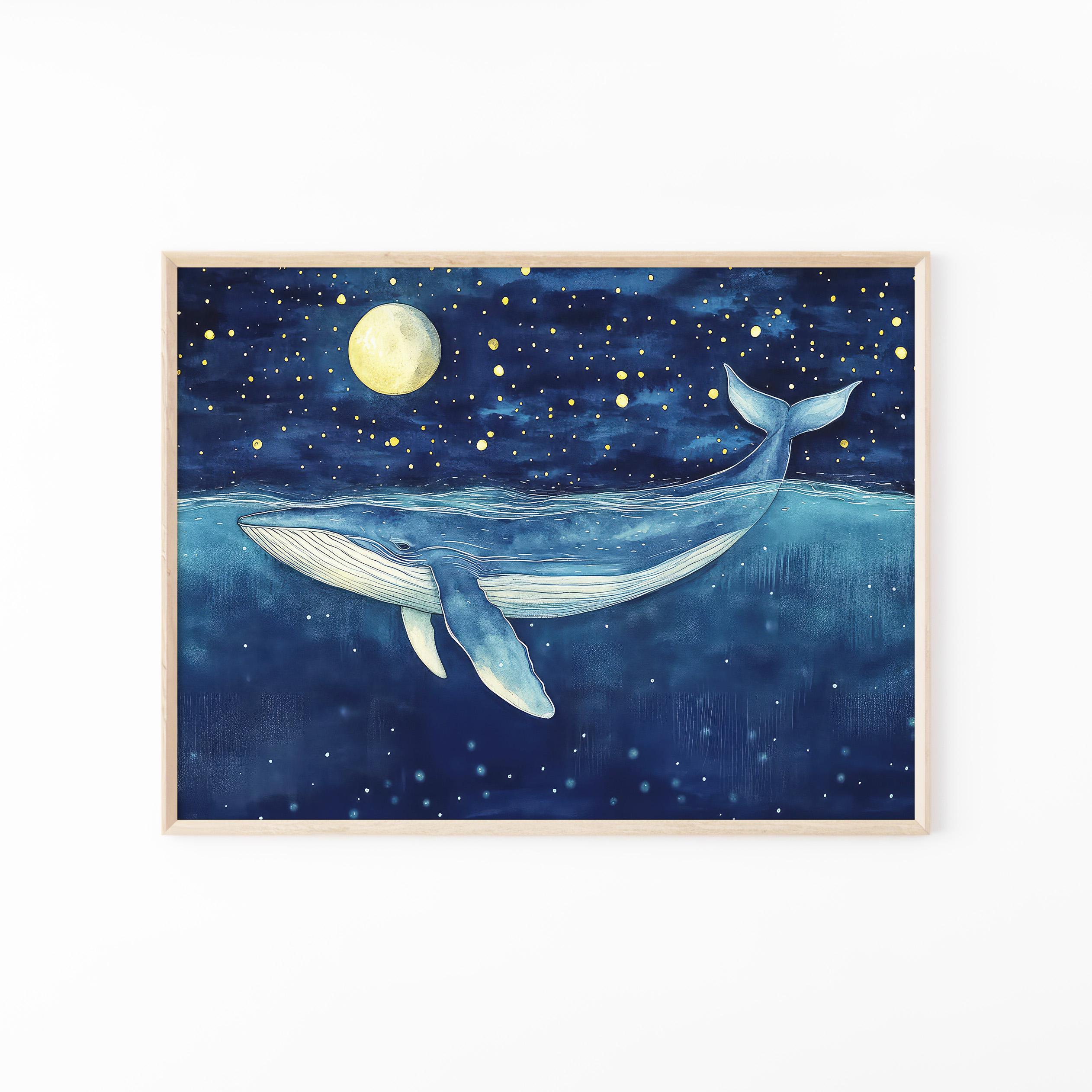 月下のクジラの水彩画 | クジラのプリント | クジラとボート | クジラ