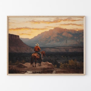 Vintage Landscape Cowboy Oil Painting, Western Wall Art, Mid-Century Wall Decor, Rustic Southwest Decor VLCO01