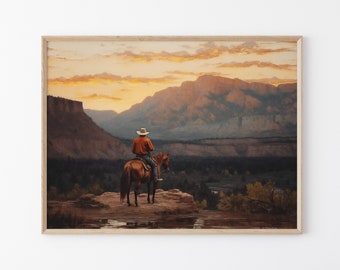 Vintage Landscape Cowboy Oil Painting, Western Wall Art, Mid-Century Wall Decor, Rustic Southwest Decor VLCO01