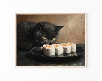 Black Cat Sushi Oil Painting Print | Tokyo Art Print | Oishii Cat Print | Delicious Japanese Food Art | Kitchen Wall Art | Sushi Art | BCS7