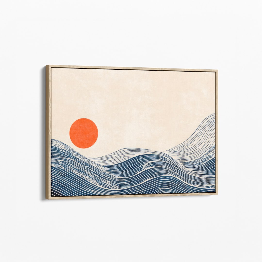 Landscape Minimalist Print | Long Sea Sun | Canvas | Waves Line Art | Blue and Orange | Beach House Decor | Above Bed Framed Art | HSS5 - 20x28" Oak Frame