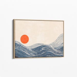 Minimalistische landschapsafdruk | Long Sea Sun | Canvas | Lijntekeningen golven | Blauw en oranje | Strandhuisdecoratie | Boven het bed ingelijste kunst | HSS5