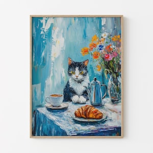 Cafe Croissant Cat Oil Painting | Kitchen Print | Bistro Coffee Poster | Un Cafe Sil Vous Plait | Kitchen Decor | Unique Prints | CCC3