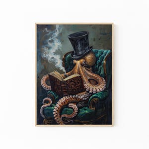 Impresión de pintura de caballero victoriano pulpo leyendo un libro y fumando un cigarro / Impresión de bellas artes caprichosa / Arte mural de pintura vintage / DVG1