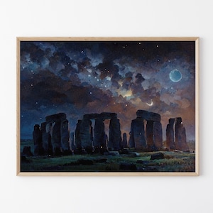 Stonehenge Rocks at Night inspired English Vintage Artwork Oil Painting Print High-Quality Matte Wall Art Print for Landscape Home Decor
