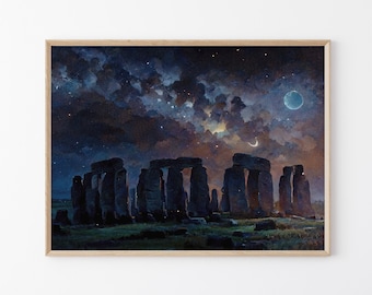 Stonehenge Rocks at Night inspired English Vintage Artwork Oil Painting Print High-Quality Matte Wall Art Print for Landscape Home Decor