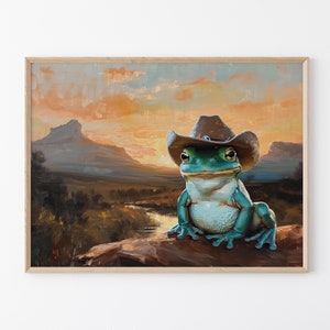 Stampa di pittura di rana cowboy / Arte murale vintage western / Decorazione estetica del selvaggio West alla moda / Regalo di stampe carine / CFP8