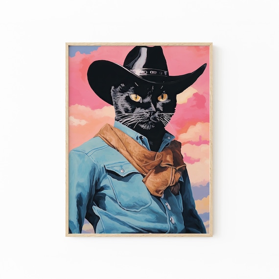 Black Cat Cowboy Surreal Art Print - Cool Western Quirky Pet Decor Portrait Retro Cowgirl Meowdy Wall Art WCC6