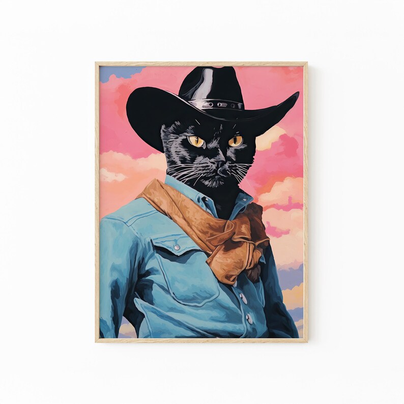 A black cat wearing a cowboy hat and a blue denim jacket against a colorful sky background.