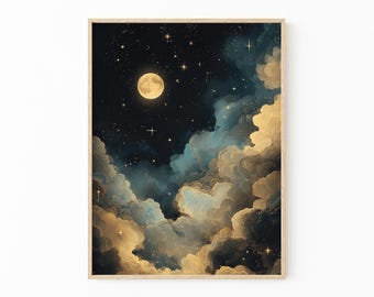 Moon Celestial Oil Painting Print | Dark Academia Decor | Abstract Night Sky Stars Print | Blue Gold Vintage Painting | DGM2
