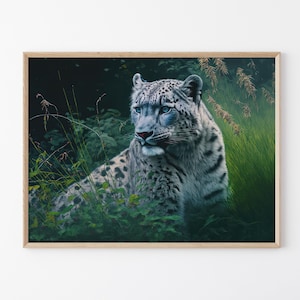Snow Leopard in grasslands Oil Painting, Winter Snow Leopard Artwork, Wildlife Animal Art Matte Print, for Home Office Wall Decor