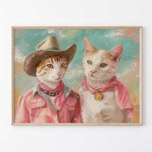 Stampa a olio di gatti da cowboy / Stampa di gatti da cowboy / Arte murale colorata / Decorazione massimalista / Decorazione eclettica occidentale funky per la stanza / CCO8