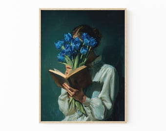 Emerald Green Woman Reading with Flowers Painting Print: Japandi Minimalist Wall Art | HLM3