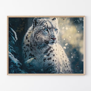 Snow Leopard in grasslands Oil Painting Print, Winter Snow Leopard Artwork, Wildlife Animal Art Matte Print, for Home Office Wall Decor