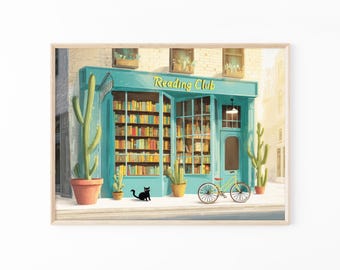 Bookstore Oil Painting Print | Cozy Bookshop Painting | Library Wall Decor | Gift for Book Lover | Home Office Literary Art | BOO7