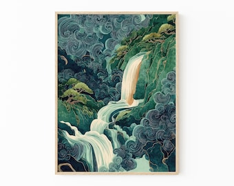 Japanese Waterfall Hokusai Oil Painting Print | Ukiyo-e Japanese Waterfall Art Print | Blue Green Japanese Home Decor | Waterfall Art | JWH1
