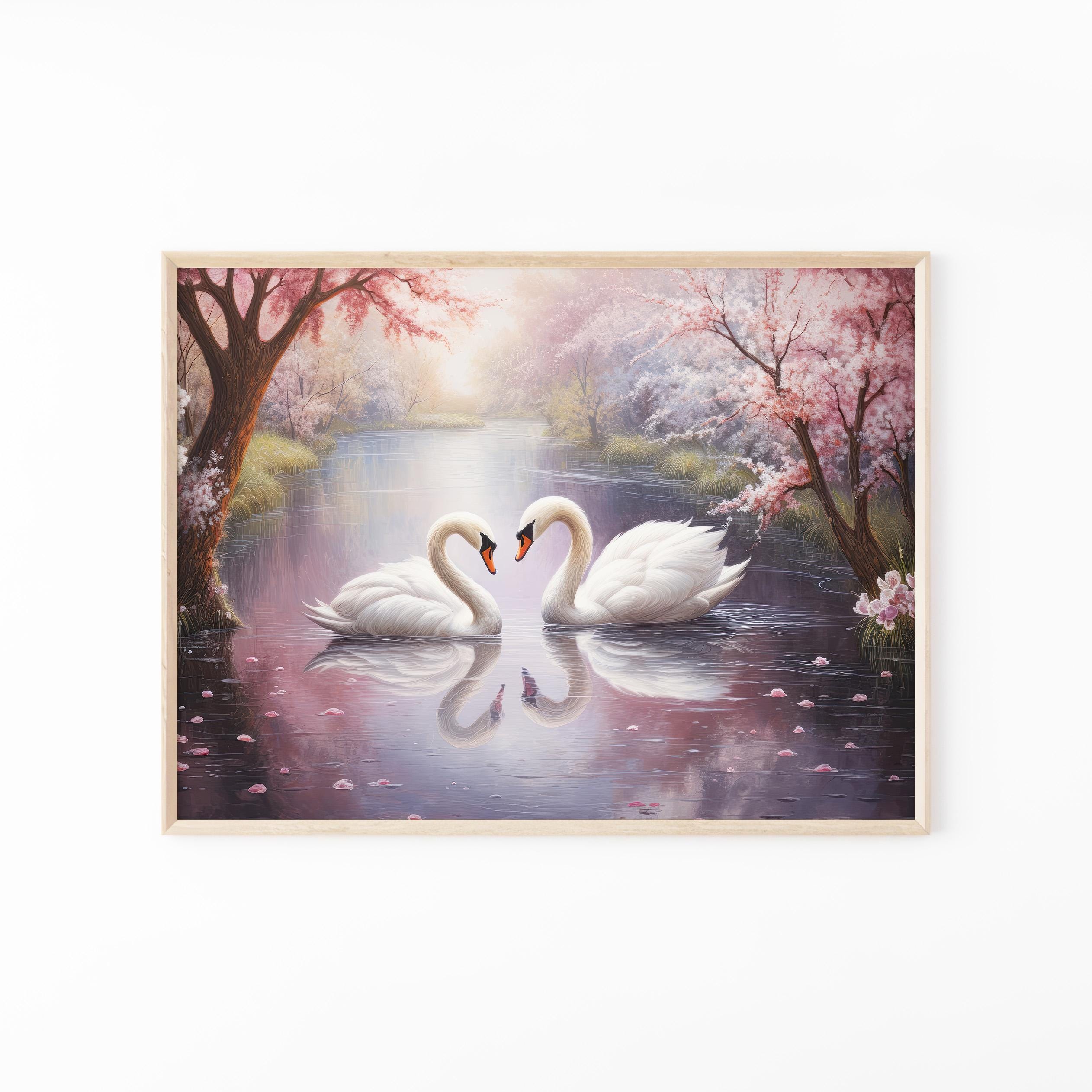 Cherry Blossom Loving Swans Oil Painting, Wall Art Matte Print