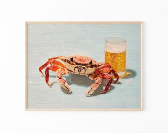 Impresión al óleo de un cangrejo relajado / Arte mural de cerveza / Impresiones divertidas de bar / Arte de cangrejo con cerveza / Regalos divertidos para él / CBF5