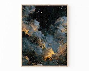 Stampa di pittura a olio celestiale malinconica / Decorazione accademica scura / Stampa di stelle del cielo notturno astratto / Pittura vintage blu oro / DAG3