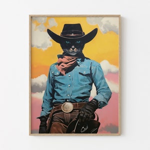 Stampa artistica surreale di cowboy con gatto nero - Decorazione per animali domestici eccentrica e occidentale fantastica Ritratto retrò di cowgirl Meowdy Wall Art WCC7