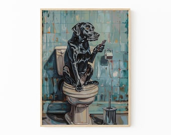 Black Labrador Sitting on Toilet with Phone Painting Print | Black Lab with Phone | Funny Dog Animal Picture Bathroom Wall Art Gift | BLS8
