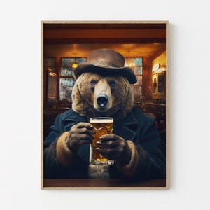 Funny Animals Bear Drinking Beer Oil Painting Print, Beer Wall Art, Beer Artwork, Surrealism Artwork, Beer Artwork, Animal Artwork