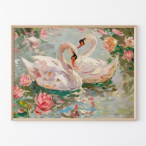 Impresión de pintura al óleo de cisne pastel en un estanque / Arte mural en tonos pastel suaves / Decoración rosa y verde / Pintura de oficina femenina / PSIA1