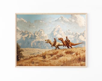 Vintage cowboy rijdt samen dinosaurus schilderij print | Westerse Jurakunst aan de muur | Grappig cadeau voor hem | GPS4