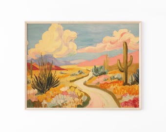 Impressão de pintura de paisagem desértica do sudoeste | Cacto Ocotillo em tons pastel | Agave Yucca | Arte de parede vintage do Texas | Pintura da natureza | AYT6