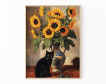 ジヴェルニーの積みわら、モネの庭の猫のプリント、黒猫アート
