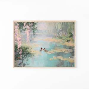 湖で泳ぐアヒルのパステル油絵プリント | フレンチカントリー風壁飾り | 花柄ウォールアート | 睡蓮のプリント | フレンチコテージ | DIS7