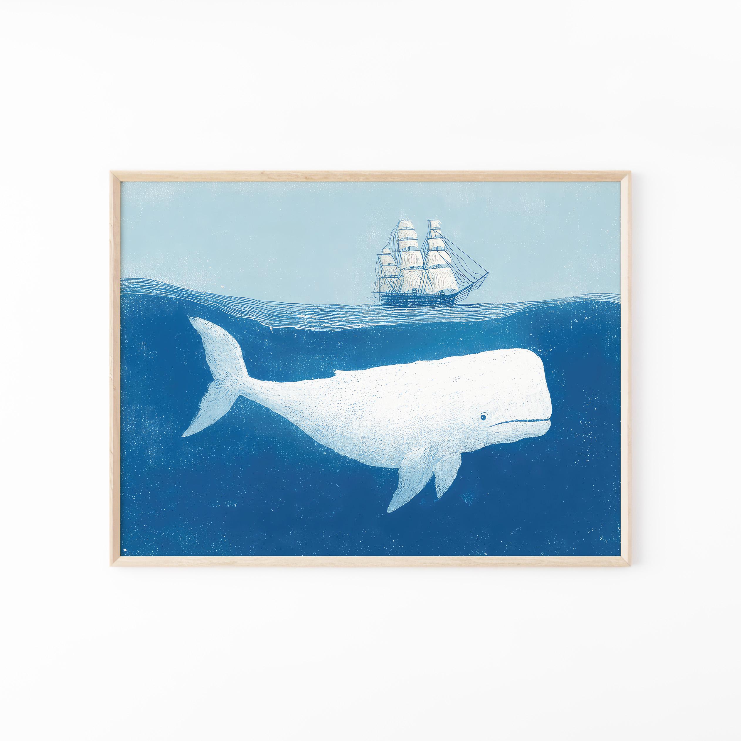 クジラと船の水彩画プリント | 海に浮かぶ船 | ヴィンテージ船 | 巨大
