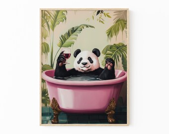 Panda Bathroom Print | Alcohol Print | Funny Animal Art | Panda in Bath Tub | Botanical Bathroom Art | PBW2